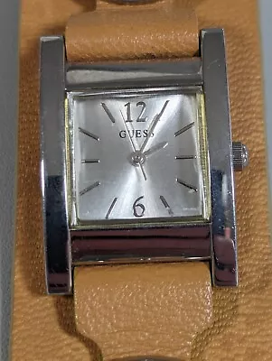 Guess Silver Tone Dial Square Case Brown Leather Wide Band Watch • $38.49