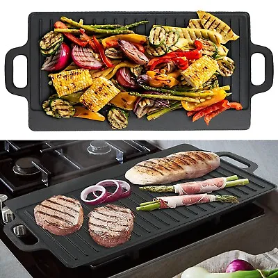 £16.99 • Buy Non Stick Cast Iron Skillet Plate Reversible Griddle Ribbed Pan Double Sided BBQ