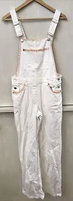 Zara White Denim Cotton Blend Overalls Dungarees Orange Topstitch Size S • $29.95