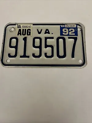 Virginia Motorcycle 🏍 License Plate. Vintage VA 1992 Tag # 919507 • $12.95