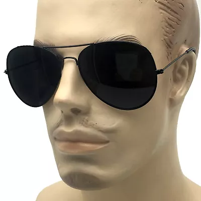 Super Dark Mens Large Classic Pilot Sunglasses Vintage Style Retro Black Lens • $10.99