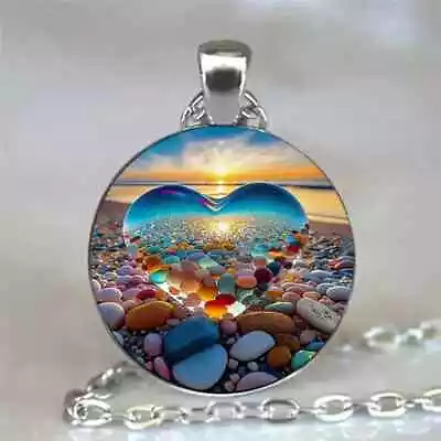 Colorful Rainbow Glass Beach Heart Shape Pendant Necklace Gift Fashion Men Women • $12.98