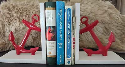 Red Anchors  On White Bookends Nautical Perfect For Small Spaces Cottage Cabin • $10.99
