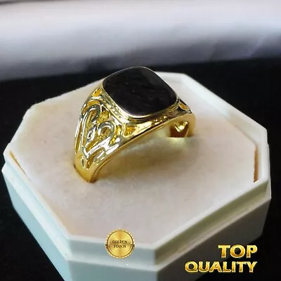 Mens Womens Handsome Yellow Gold Filled Black Onyx Filigree Design Ring NEW • £8.99