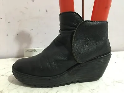 £0.99 • Buy Fly London Genuine Leather Uk Size 4 Womens Ankle Black Wedge Heel Boots Ladies