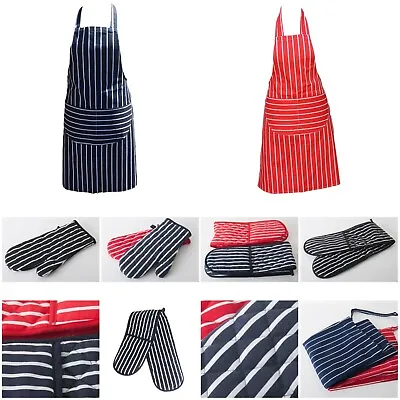 £5.05 • Buy 100% Cotton Butcher Stripe Kitchen Apron Quilted Single Double Oven Gloves Mitts