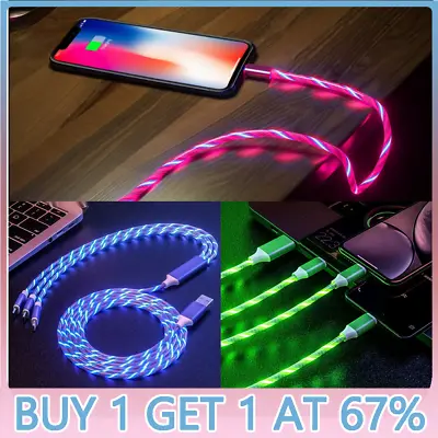 3 In 1 LED Flowing Light Up Charger Cable USB Cord For IPhone Type-C Android • £3.48