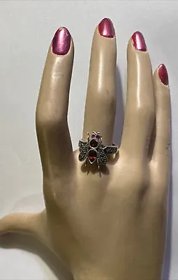 Vintage Sterling Silver .925 Marcasite Spinning Fly Red & Pink Stone Ring Size 8 • $19.90