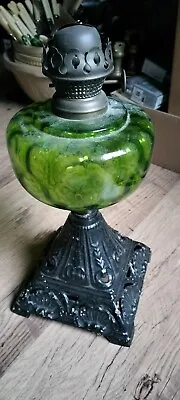 Antique Oil Lamp Dark Green Reservoir Ornate Cast Iron Base • £28