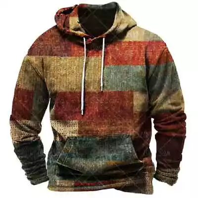 Vintage Men's Hoodie For Sweatshirt 3d Plaid Print Long Sleeve Street Pullover • $28.35