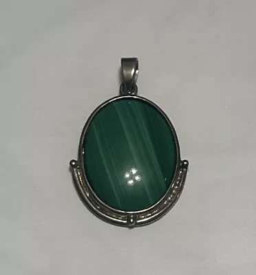 Beautiful 925 Sterling Silver MARKED Vintage Antique Malachite Oval Drop Pendant • $9.99