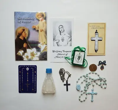 Vtg Religious Catholic Lot Rosary Green Scapular Angel Necklace Prayers Medal • $14.99