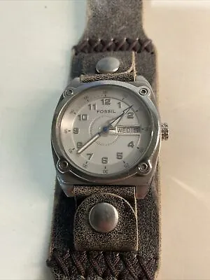 Fossil JR9603 Day Date Watch On Wide Brown Leather Cuff Strap In Tin • $75