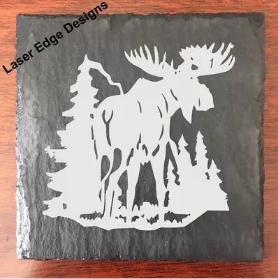 4 Custom Engraved Slate Coasters Wild Moose Forest Bar Wine Pint Glass Log Cabin • $18