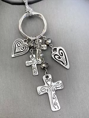 Vintage C 1946 Silver Tone Cross Hearts Charm Pendant Necklace  30” • $23