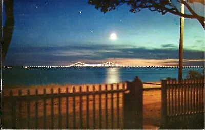 Postcard Mackinac Bridge At Night Mackinac Island Michigan MI Full Moon C1960s • $4.99