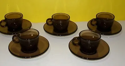 Vintage 1970s Vereco France Set 5 Amber Brown Smoke Glass Espresso Cups Saucers • $33.98