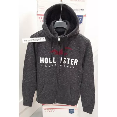 Hollister Sherpa Lined Full Zip Logo Hoodie Sweatshirt Heather Black Mens Size M • $249.99