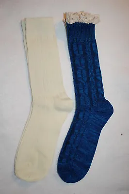 $8.99 • Buy Womens 2 PAIR FASHION SOCKS Ivory BRIGHT BLUE W/ CROCHET RUFFLE Shoe Size 4-10