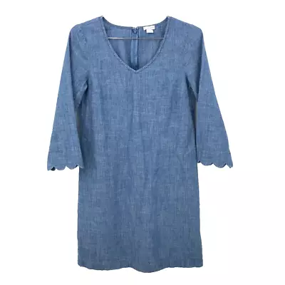 J By J. Crew Shift Dress Blue Chambray Scallop Hem 3/4 Sleeve V Neck Womens 4 • $5.75