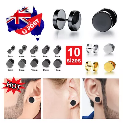 $3.65 • Buy Pair Black Flat Round Barbell Plug Stud Earrings GYM MENS Stainless Steel 3-14MM