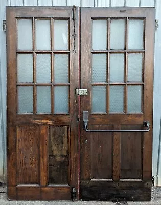 60 X84x1.75  Pair Antique Vintage Salvaged Wooden Door Window Chicken-Wire Glass • $1599.99