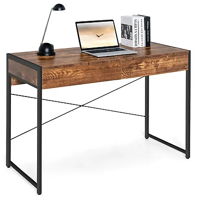 $109.90 • Buy Giantex Computer Desk 2-Drawer Study Work Table Metal Frame Rustic/Black 112CM