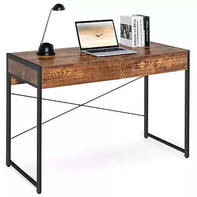 $109.90 • Buy Giantex Computer Desk 2-Drawer Study Work Table Metal Frame Rustic/Black 112CM