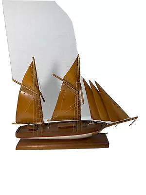 Vintage Wooden Fishing Schooner Model-Handmade-Wood Sails-20”x15”x3.5” • $95