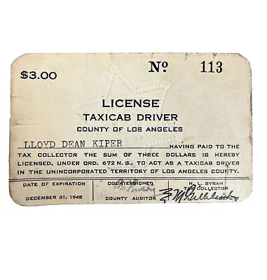 Los Angeles Chauffeur Taxi Cab 1948 Professional Drivers License Vintage • $27.99