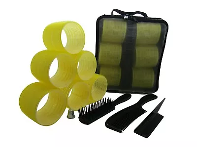 6 Huge XXL Jumbo Curl Cling Hair Rollers Set 70mm Brush Backcombing Combs Case  • £7.49