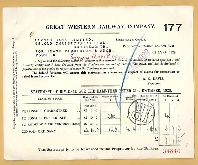 £1.50 • Buy GB Ephemera - Lot 132 - Great Western Railway Company Dividend 1928