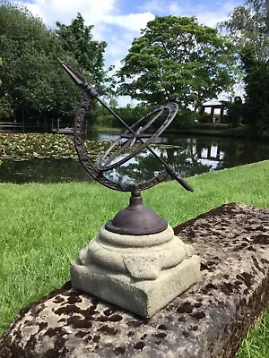 Garden Iron Armillary Sundial Weathervane On Stone Base Garden Ornament 🌞🌿 • £58.50