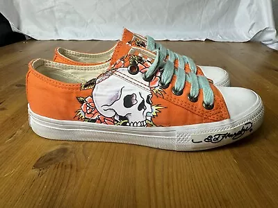 Don Ed Hardy Shoes Sz 7 I Love Ed Orange Skull Ink Excellent Condition • $17