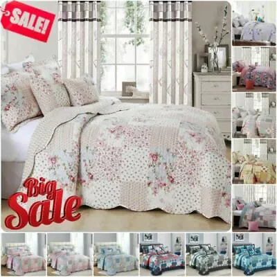 3 Piece Quilted Patchwork Bedspread Throw Single Double King Size Bedding Set* • £11.85