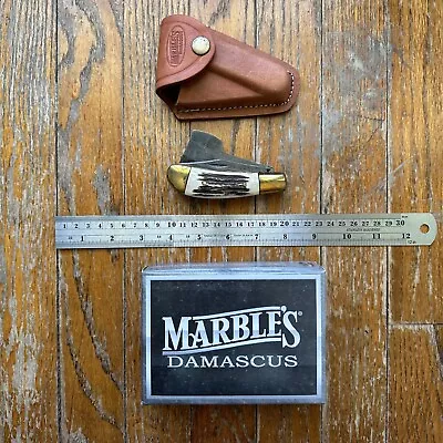 MARBLES Deer Stag DAMASCUS Pocket Chopper Blade Pocket Knife W/Sheath MA-104 [M1 • $9.99