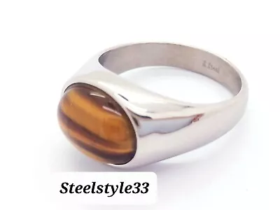 Women's Men's Silver Ring With Tiger's Eye Natural Gemstone &stainless Steel • £10