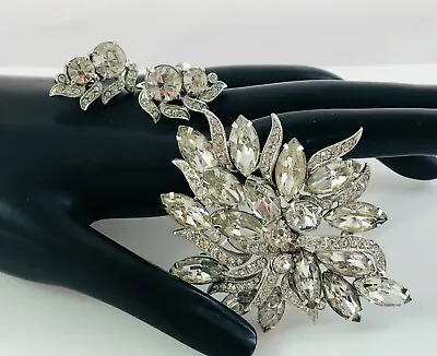 Vintage Signed Eisenberg Ice Rhinestone Large Flower Pin Brooch & Earrings Set • $116.99