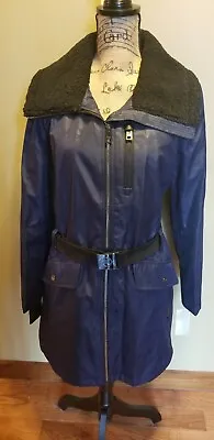 NWT Womens Michael Kors Belted Trench Coat Faux Sherpa Collar Navy Blue L • $135.19