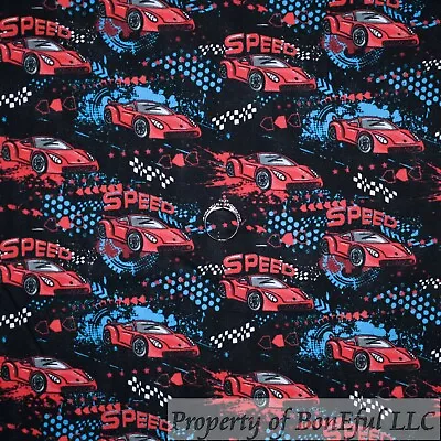 BonEFul FQ Cotton Quilt Black Red Lightening Speed Race Car Flag B&W Sports Boy • $4.75