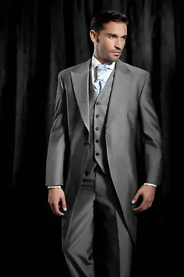 Mens Tailcoat Jacket Silver Grey Wedding Royal Ascot Formal Coat Tails Wool Peak • $99.41