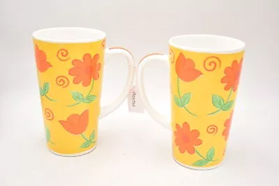 Vintage Tall Brightly Coloured Floral Coffee Mugs Tea Cups X2 • £10.95