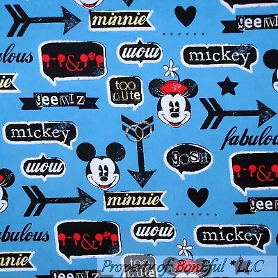 BonEful Fabric FQ Cotton Quilt Blue Red White Boy Mickey Mouse Disney World SALE • £4.22