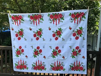 Vintage Christmas Tablecloth Candles Poinsettias Red Green Silver  • $49.99