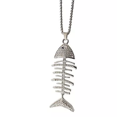 1PC Lovely Long Silver Chain Bone Fish Rhinestone Encrusted Pendant Necklace US • $9.99