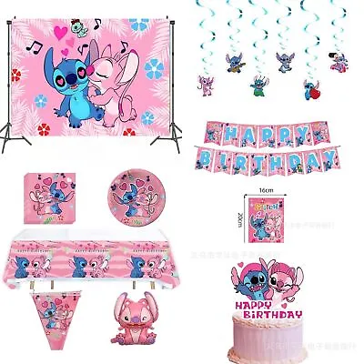 Pink Lilo And Stitch Birthday Party Supplies Angel Kids Girls Tableware Decor • £4.59