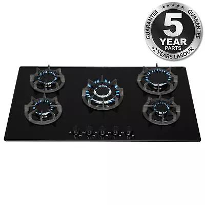 £179.99 • Buy SIA BGH90BL 90cm Black 5 Burner Gas On Glass Hob | Cast Iron Supports | LPG Kit