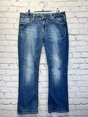 Womens Miss Me Easy Boot Jeans Size 31 Embellished Bling Mid Rise Blue • $22