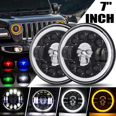 7  Inch Round RGB Skull LED Headlights Halo DRL Fits Jeep Wrangler JK LJ TJ CJ • $36.54