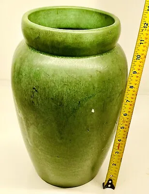 Large 12  Arts & Crafts Matte Green Yelloware Art Pottery VASE Vtg Old Antique  • $750